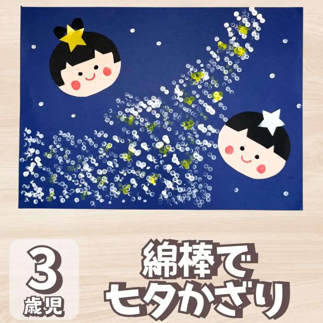 絵具で描いた天の川と画用紙で製作した織姫と彦星の画像